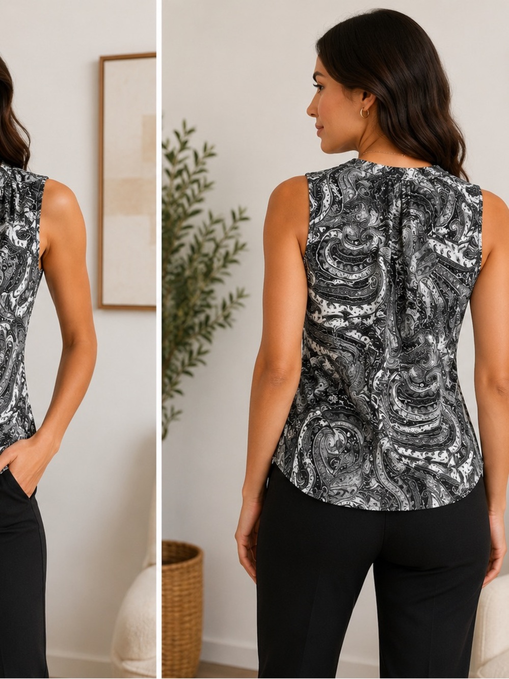 White House Black Market Black & White Paisley Sleeveless Blouse